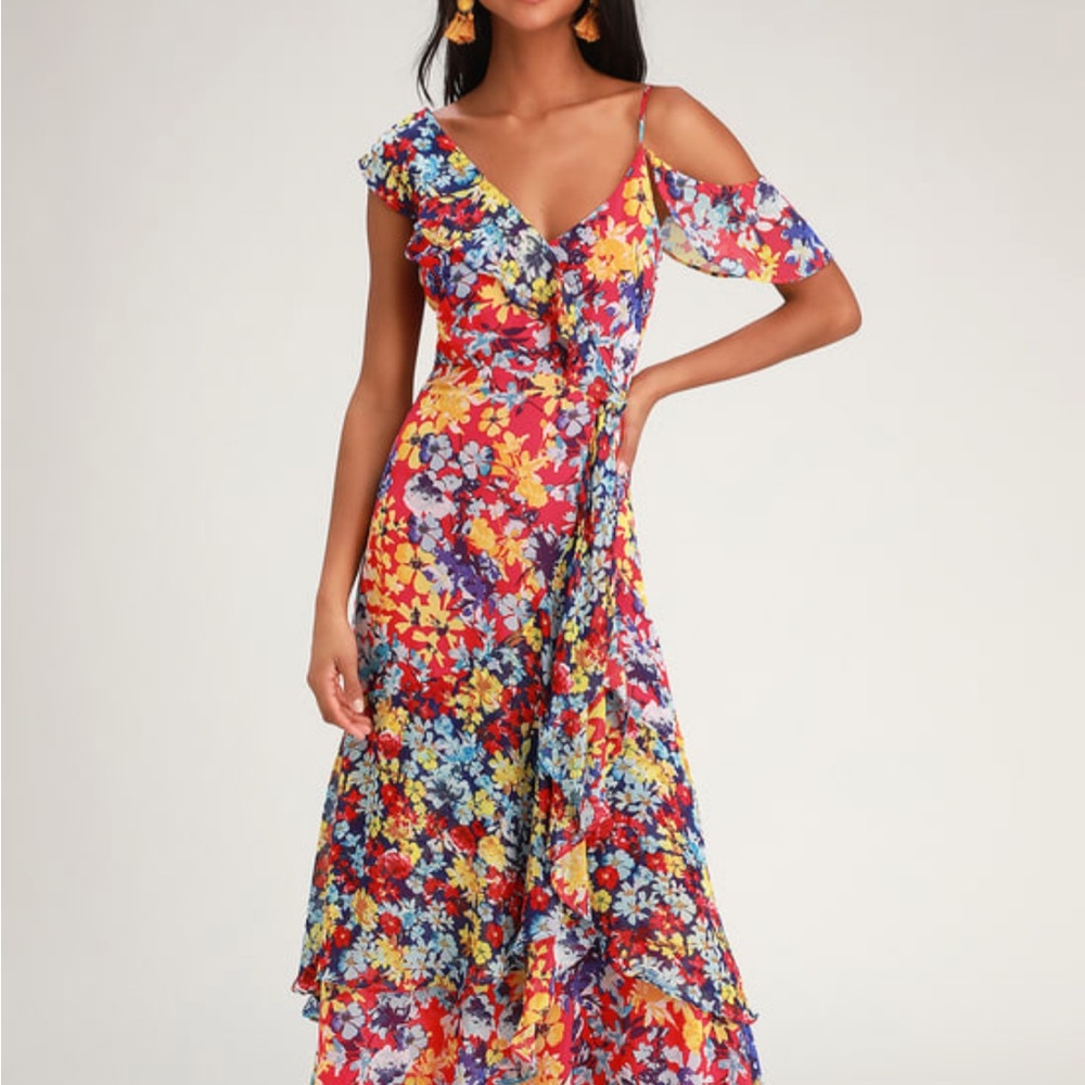 Lulu's One Shoulder Floral Dress in Red, Blue, and Yellow